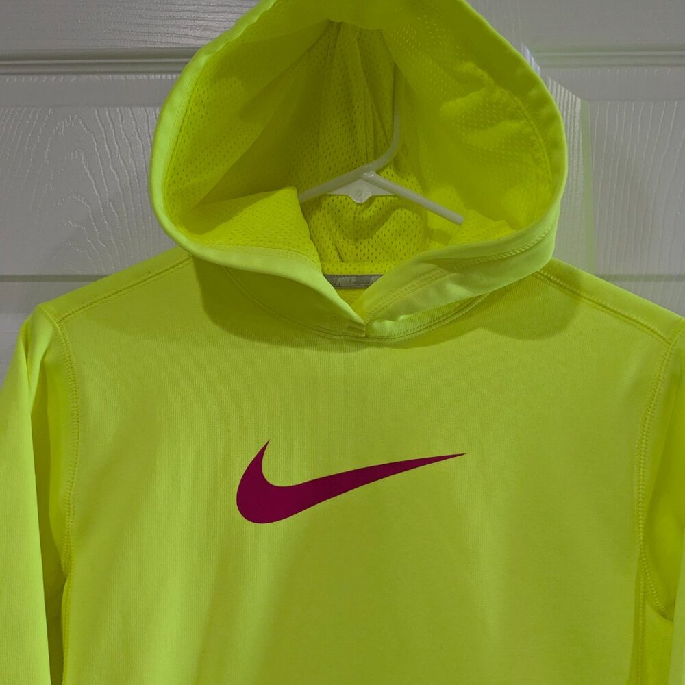 Nike Kids Pullover Hoodie Size Medium, Neon Green, Pink Swoosh, Therma-Fit - Picture 3 of 16